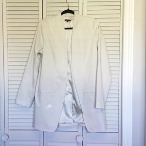 Eileen Fisher Cream Stand Collar Ramie Open Front Long Blazer Jacket, Sz 16